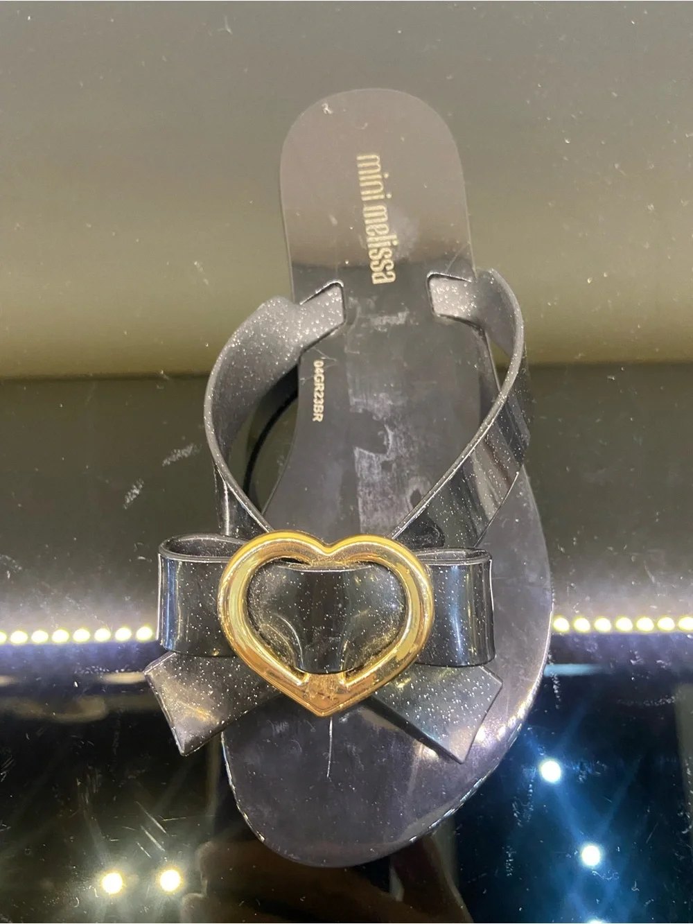 Mini Melissa Black Jelly Flip Flop with Gold Heart Bow size 12C